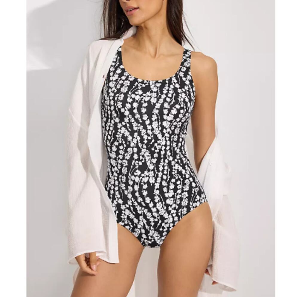 Lands' End Black White Vine Floral Long Torso TuglessOne Piece Swimsuit Size 12